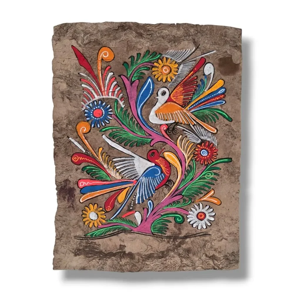 Mexican Hand Painted Folk Art Amate Bark Painting Colorful Birds Flowers Quetzal